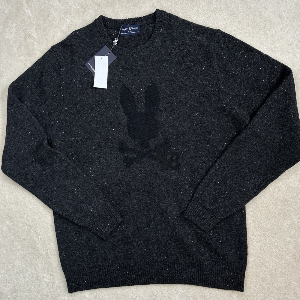 Psycho Bunny Sweater Mens XL Merino Wool Big Embroidered Logo Skull Bunny Knit